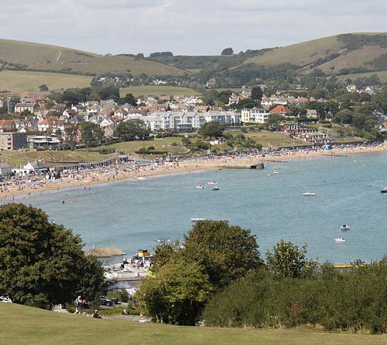 panoramic view of swanage bay and beach
