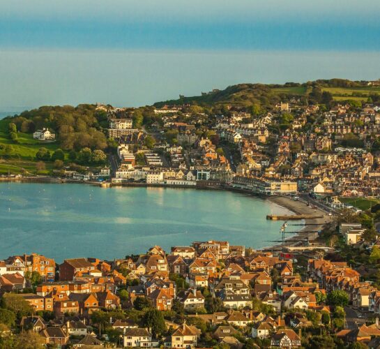 view over swanage town centre