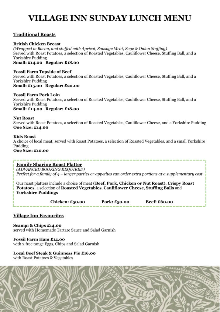 village inn sunday lunch menu 2026